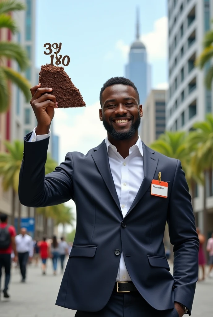 Create an illustration of a 24-year-old black man in a suit with a name tag printed on his chest saying customer relationship manager holding a fork with a piece of cake that looks like a piece of dirt written 50 by 100 outside the gate of a city called Konza City Technopolis.and make sure it's a quarter cake that looks like a piece of dirt on the fork