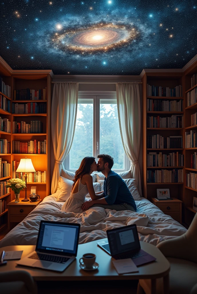 A couple making out in bed, in a room with books and a universe ceiling, a table with laptops and reclining chairs 