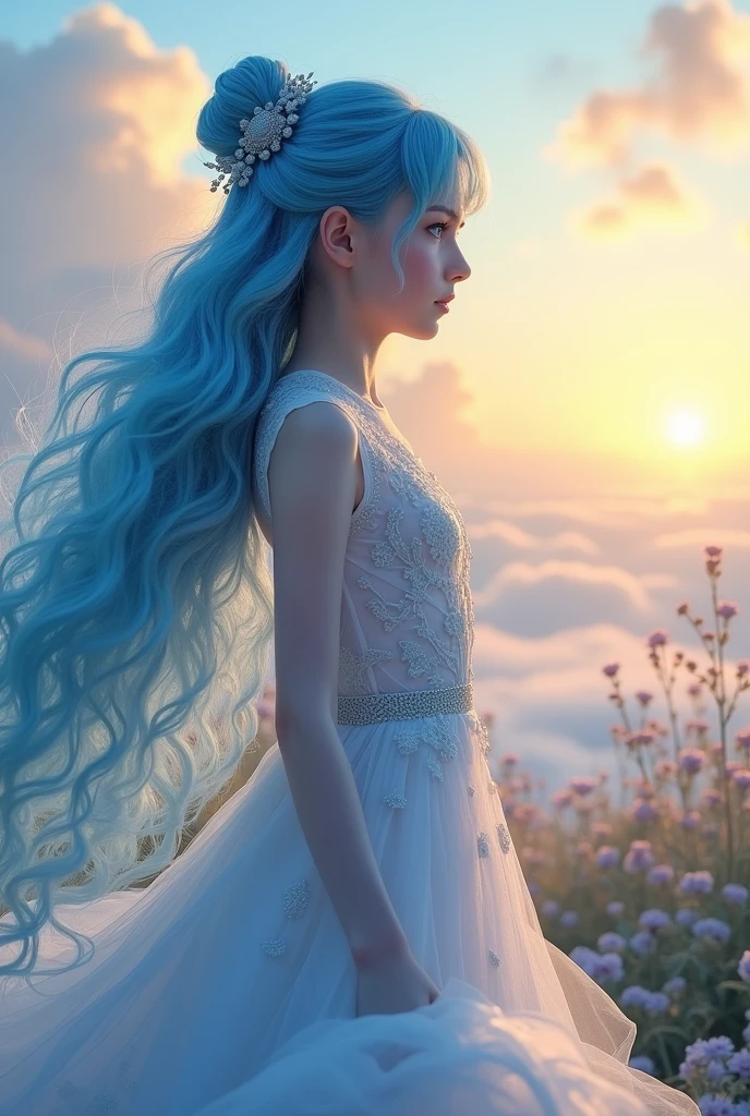 A girl with blue hair,blue eyes,with hair up and down at the same time,with a long dress