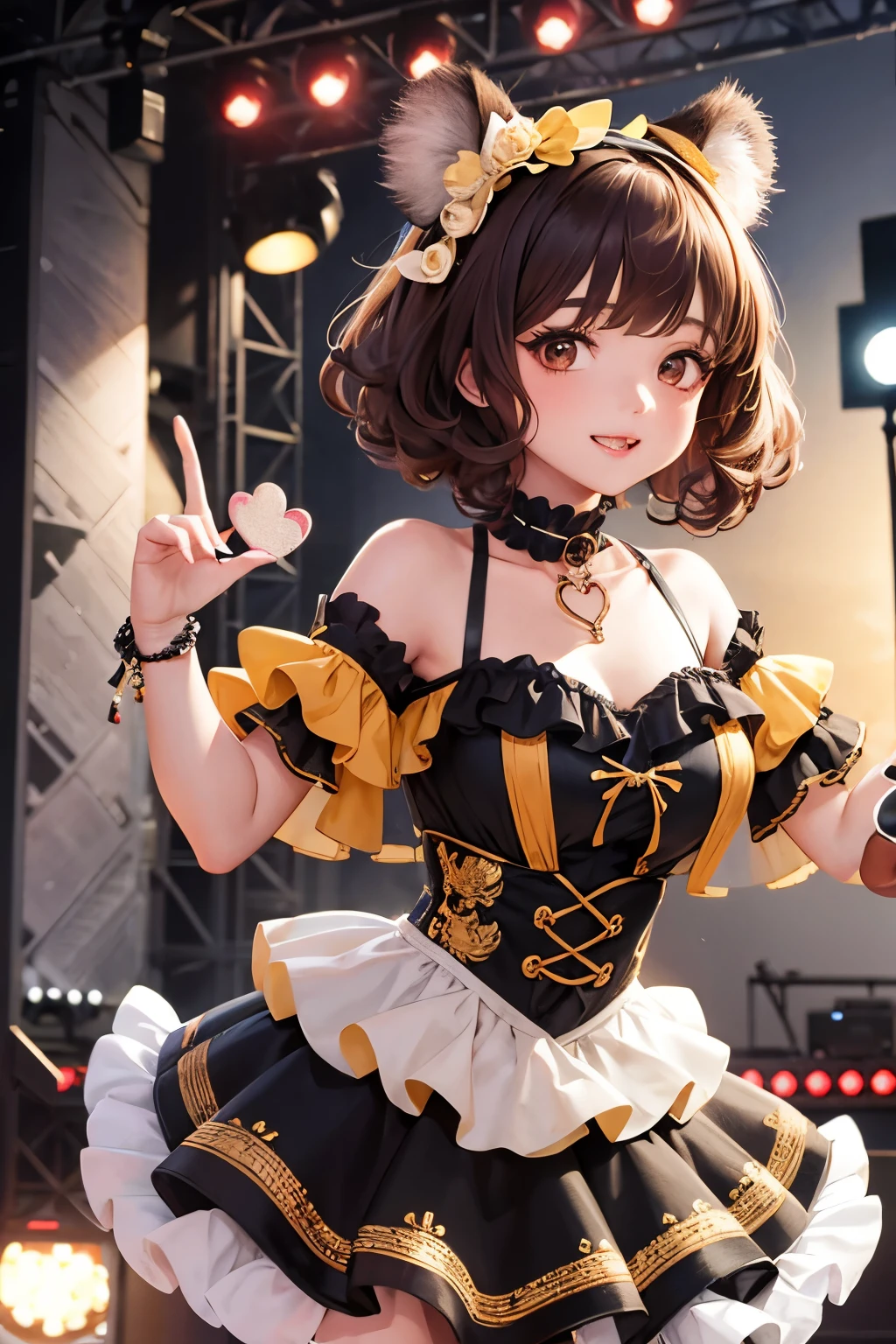 Top quality, highly detailed, UHD, idol, cute and beautiful anthropomorphic koala girl with brown curly bob hair wearing a heart shaped choker on outdoor stage