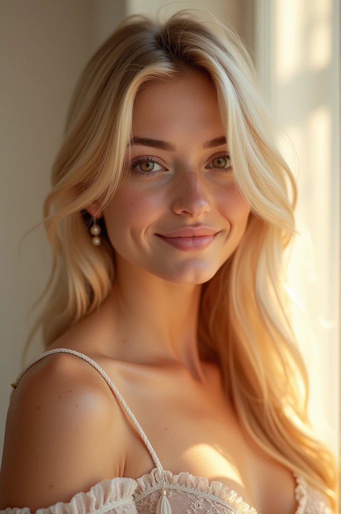 A 19-year-old woman with straight blonde hair, clear skin, light brown eyes, thick, pink lips, angelic beauty, hypnotizing smile, a mole on the cheek, a sweet aura and a unique look, with a charismatic personality