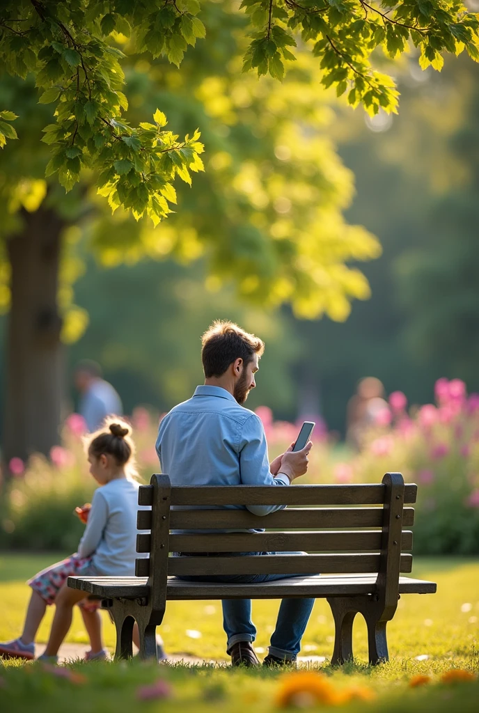 Man sitting on a park bench playing on his cell phone 