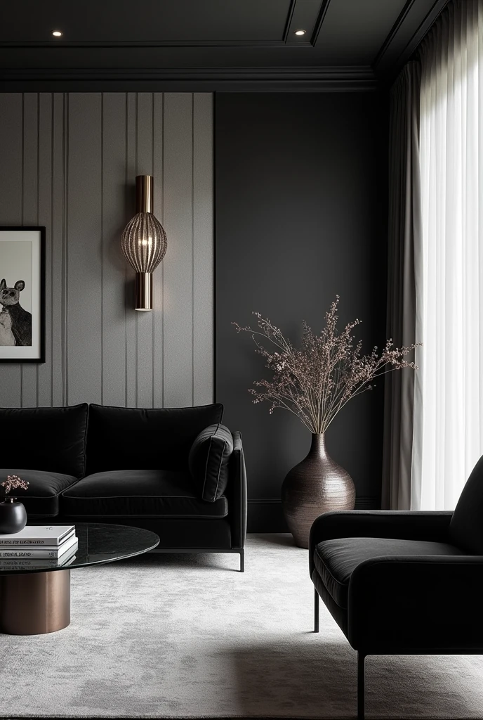 A chic black-based room with some grey and white wallpaper