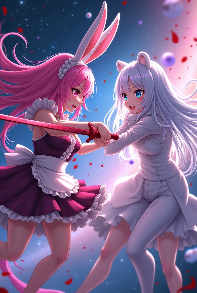 Anime girl, pink hair, pink bunny ears, pink eyes and pink fight with a pink sword and angry, all covered in blood, maid outfit with big busts, fighting with an anime girl with white hair, sky blue eyes, white bear ears, and in a white elegant suit and they fight throughout the galaxy and the image has to be well detailed