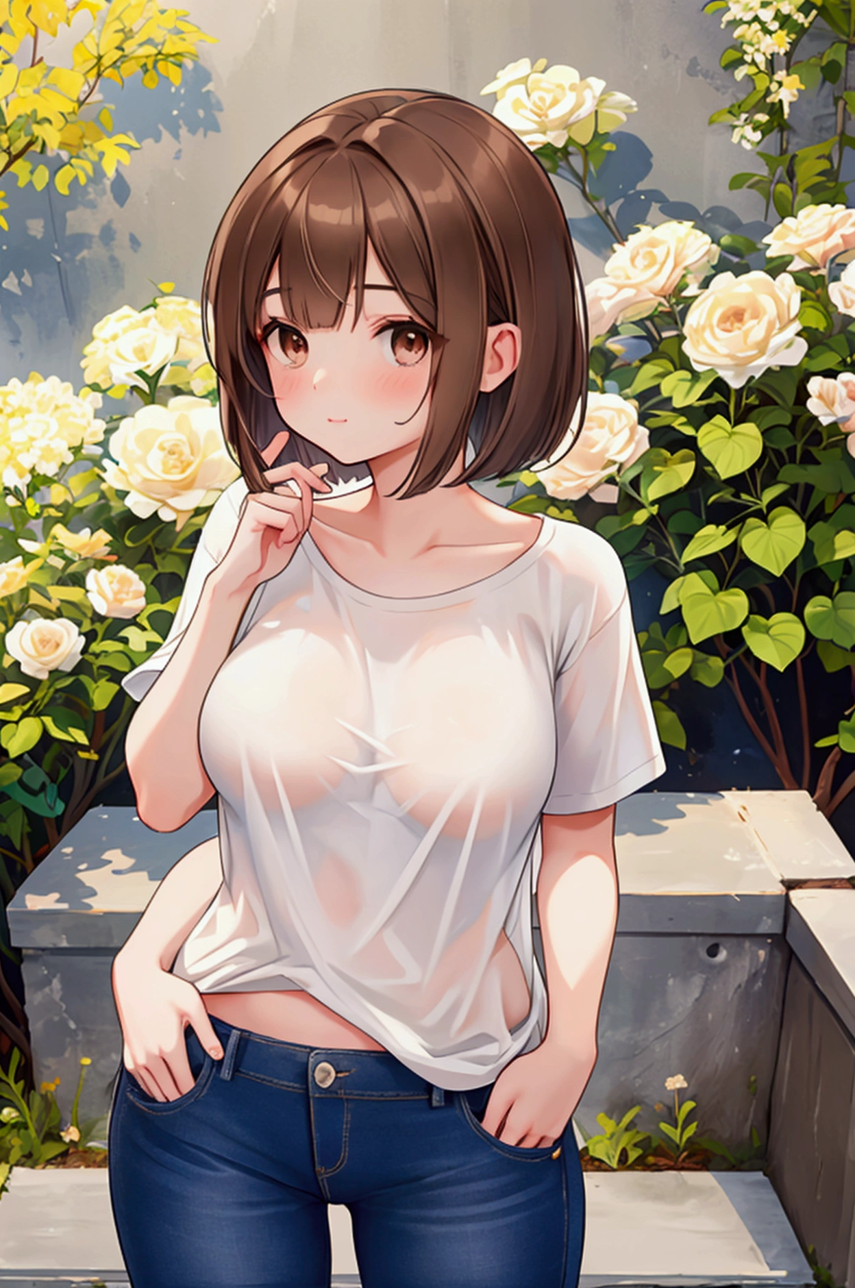 Photorealistic、Highest quality、Highest Resolution、Highest quality、16K、1 beautiful adult woman、Cute face、Delicate face、Bob cut hair、Ash brown hair color、Brown eyes、Delicate eyes、Beautiful Eyes、Beautiful breasts、Big Breasts、Simple T-shirt、skinny pants、Sexy、cool、