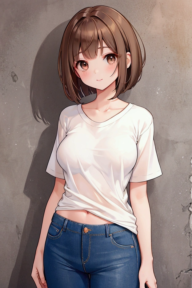 Photorealistic、Highest quality、Highest Resolution、Highest quality、16Ｋ、1 beautiful adult woman、Cute face、Delicate face、Bob cut hair、Ash brown hair color、Brown eyes、Delicate eyes、Beautiful Eyes、Beautiful breasts、Big Breasts、Simple T-shirt、skinny pants、Sexy、cool、