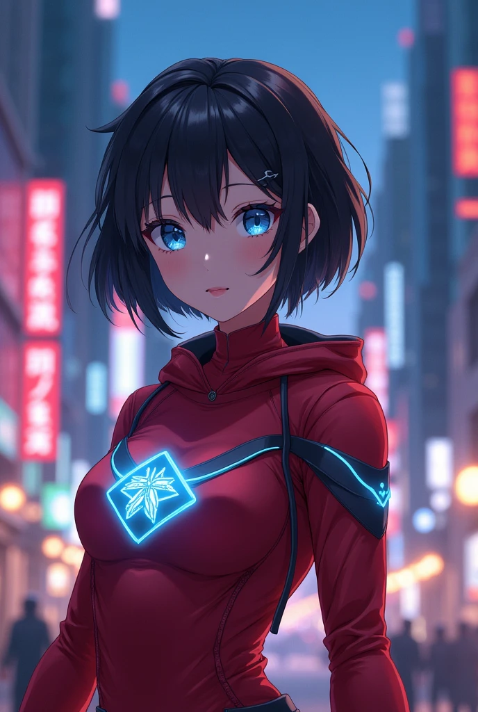 Anime woman 22 years old hero costume red with phosphorescent blue, short dark brown hair light blue eyes, pale white skin