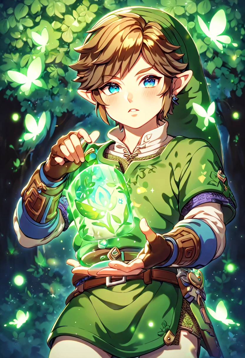 absurdres, highres, ultra detailed, HDR, master piece, best quality, extremely detailed, Link, brown hair, expressive blue eyes, The Legend Of Zelda Skyward Sword, solo, sexy man, sensual, handsome, green tunic, green hat, brown gauntlets, under a green tree, fantasy, magical, glittering fireflies, green butterflies, green flames, glass magic, green leaves