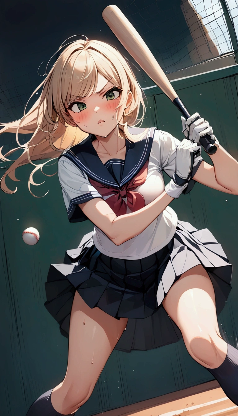 1girl, solo, {{swing a baseball bat:1.8}},Baseball bat,Baseball Batting,swing,Strikeout,{{masterpiece}}, {{{Highest quality}}},{{Very detailed}},, dutch angle,Dynamic composition,A high school girl is swinging and missing at a batting cage,school uniform,mini skirt,Short sleeve blouse clavicle Knee-high socks Speed Line Motion Lines ,Batting Center,Bat,Sweat,Bad mood, 焦り,,{{v-shaped eyebrows}},Bad mood,blush,Sweat,raise one's eyebrows
