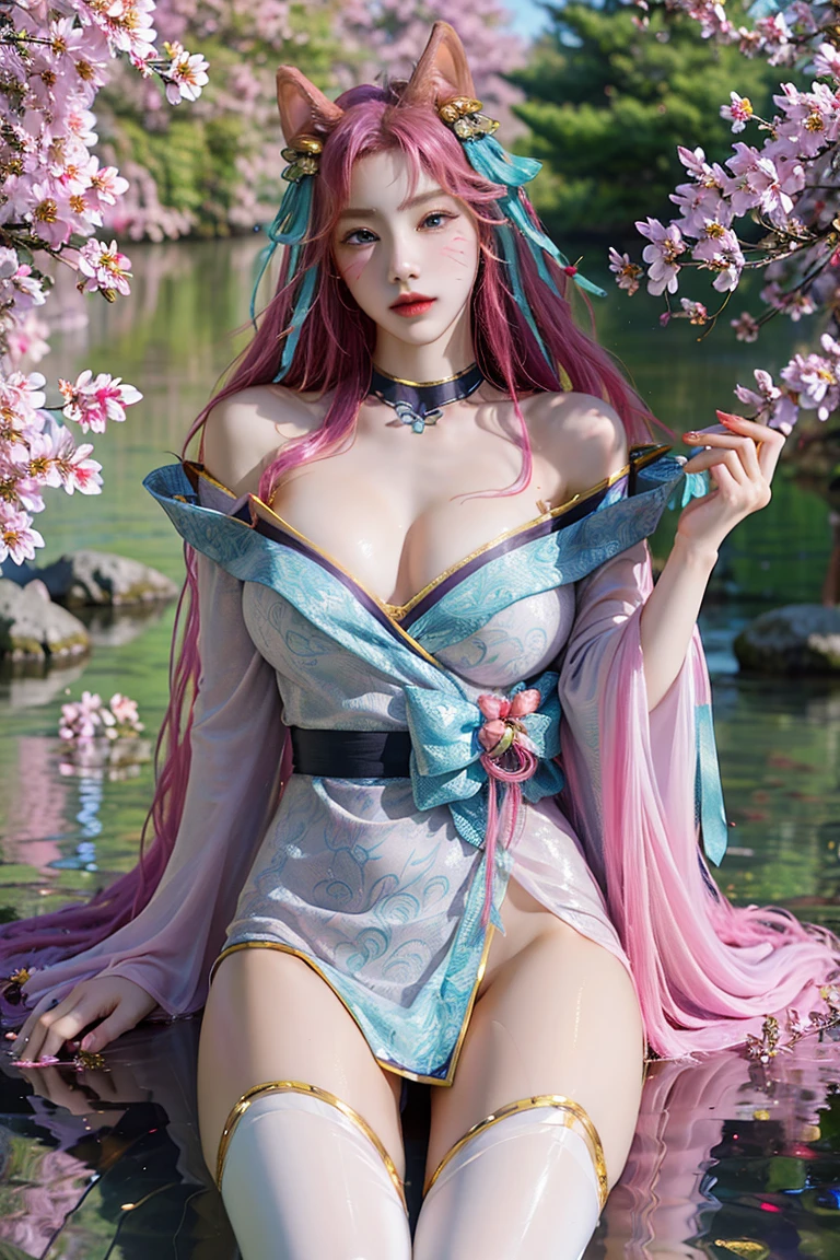 ink hair,gradient hair,longhair ,pink pupil, alternate hairstyle, sexy,Big ,cleavage,exposed,translucent clothes,fox ears, three tailed fox,(((Sexy lingerie)))、twintails.、Belly button and lower chest are visible、shiny skin、((Shy face))、((Blushed))、(tearful eyes)、cry、(((A temple filled with cherry blossoms)))、((Exquisite picture)),(Masterpiece detailed RAW photo:1.25), (best quality:1.6), (Ultra-high resolution:1.5), (actual:1.75), 8K resolution, Canon EOS R5, 50 mm, Super detailed,movie lighting、((Sexy tong))