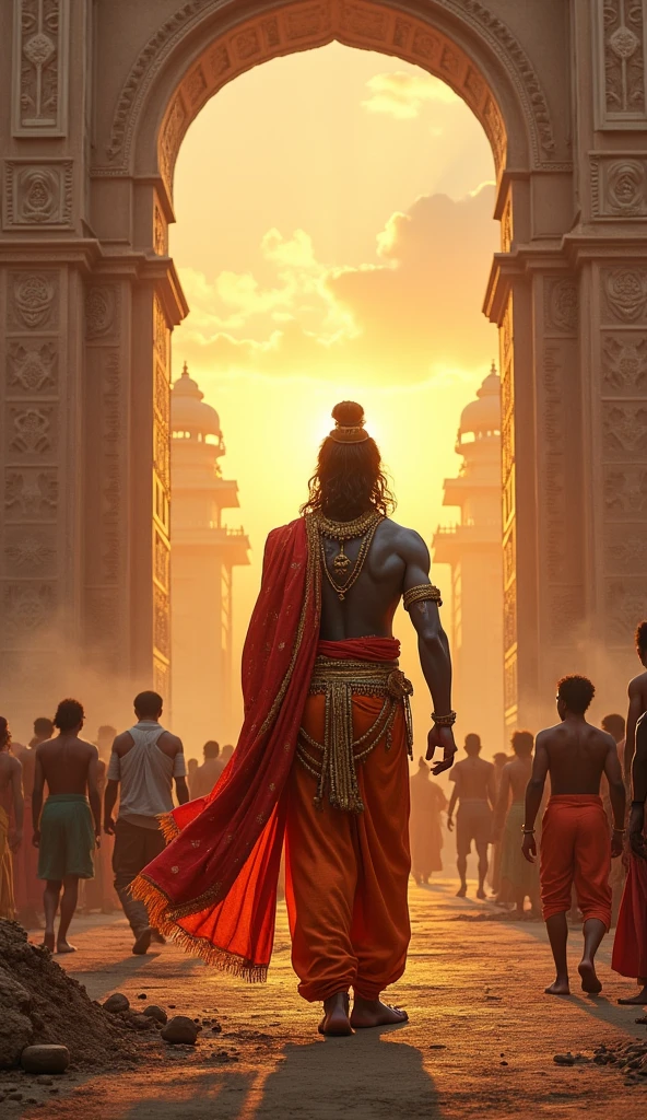 “A cinematic scene showing Lord Krishna in regal attire, standing amidst the construction of the city of Dwarka. Krishna is surrounded by builders and artisans working on grand gates and towering structures. The scene is set against a golden sunset that bathes the city in a divine glow. Krishna’s presence is depicted with a radiant aura, emphasizing his divine role in the establishment of the city. The architecture is richly detailed, showcasing elaborate carvings and vibrant colors.