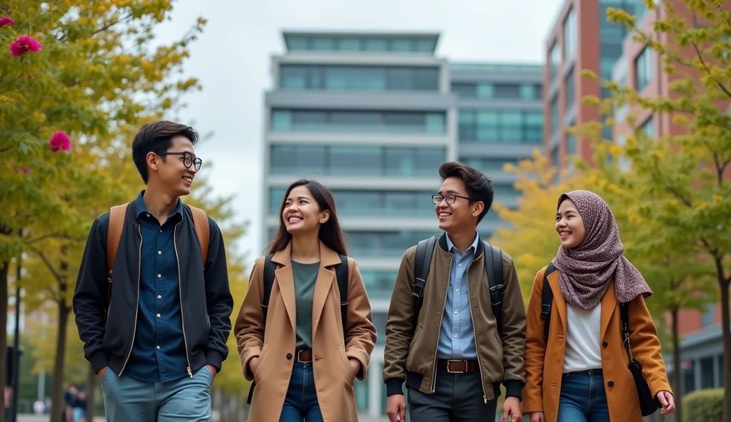 4 people walking in a outdoor campus, a chinese male with a glasses, a female with an formal outer and a backpack, a male with bomber jacket, and a female with hijab,there is a 5 floor building at the center of the background