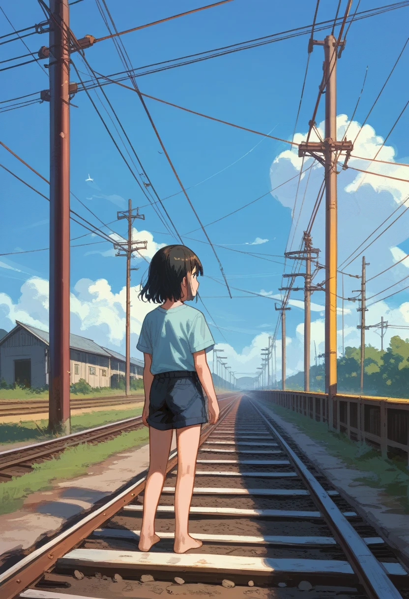 score_9, score_8_up, score_7_up, score_6_up, score_5_up, score_4_up, masterpiece, best quality, source_anime,2D、flat、1girl, 12yo、black hair,electric wires, barefoot, summer, short sleeves, shorts, しゃがむ, old railroad tracks, blue sky、