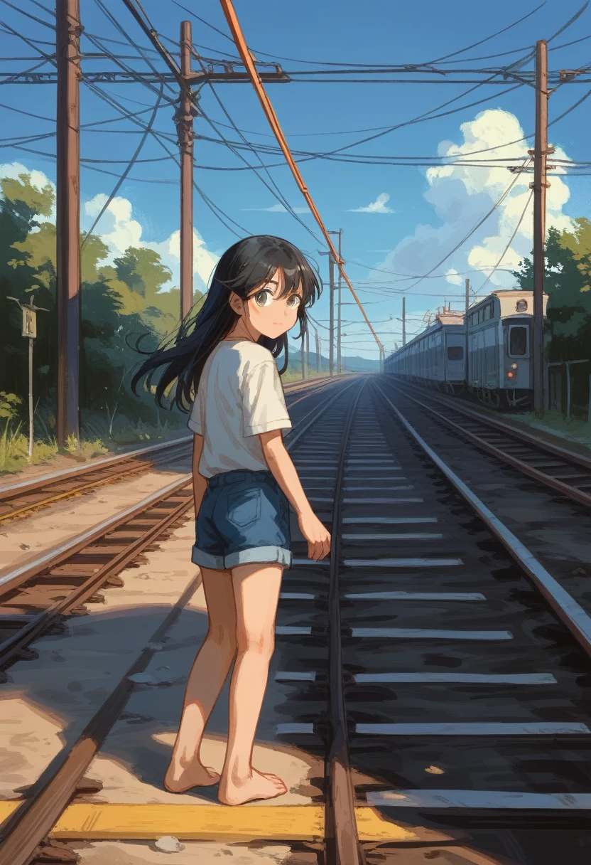 score_9, score_8_up, score_7_up, score_6_up, score_5_up, score_4_up, masterpiece, best quality, source_anime,2D、flat、1girl, 、black hair,electric wires, barefoot, summer, short sleeves, shorts, しゃがむ, old railroad tracks, blue sky、