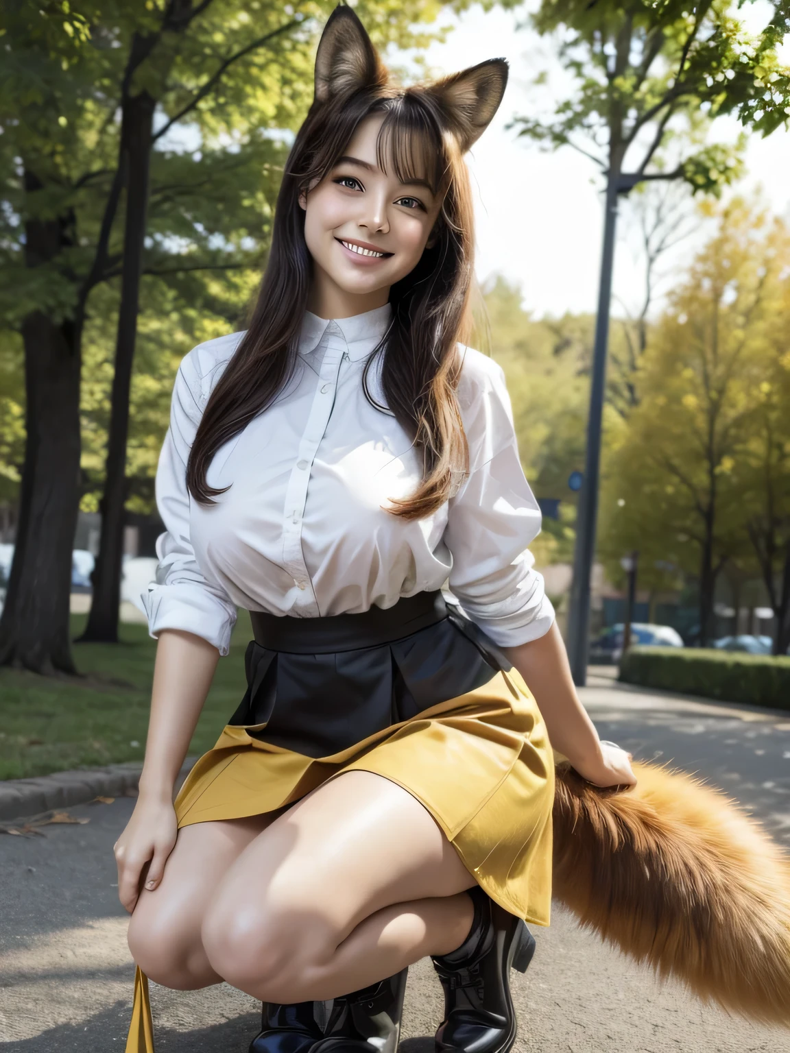 ((Highest quality, 8k)), ((masterpiece)), (Highest Resolution), Perfect Face, Fox Woman, Female college student, Beautiful woman, Outdoor, One tail, she has thick thighs, Her large tail, She has a yellow fox tail., She wags her tail, Smiling with teeth showing, Fur collar, She is wearing a short skirt, Big Breasts, Beautiful Hips , The skirt is rolled up with a fox tail.