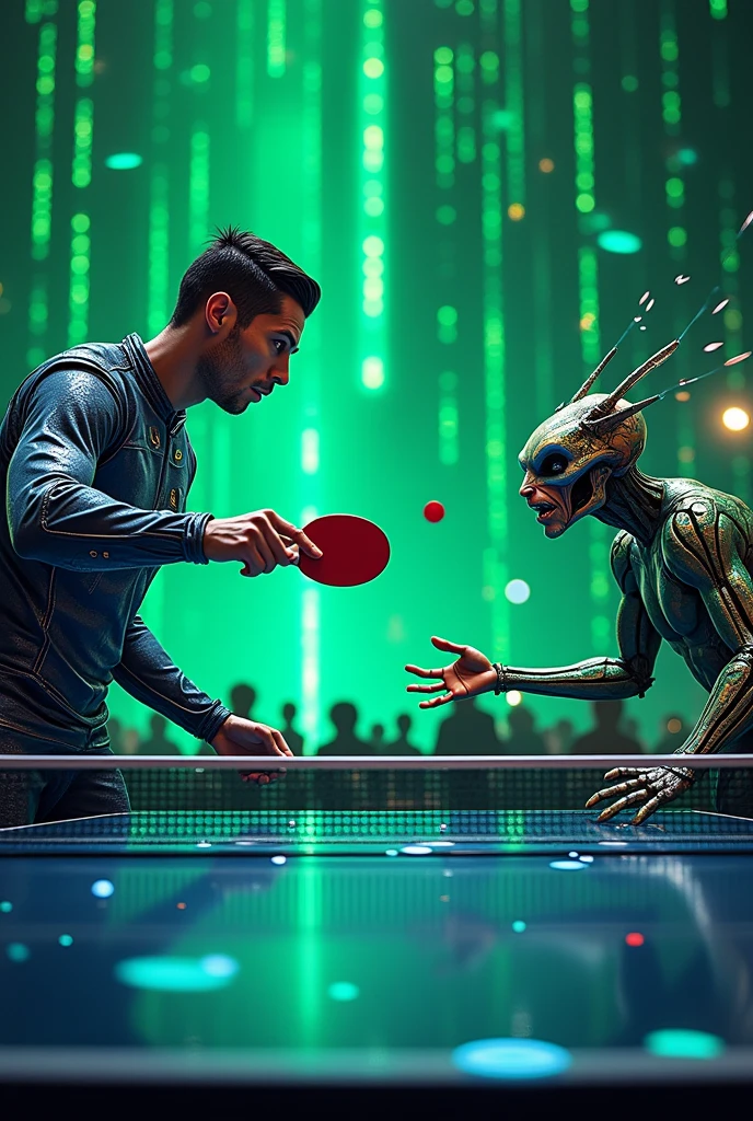 cyborg cristiano ronaldo playing a game of table tennis against the alien messi while they are in the matrix in cartoon form