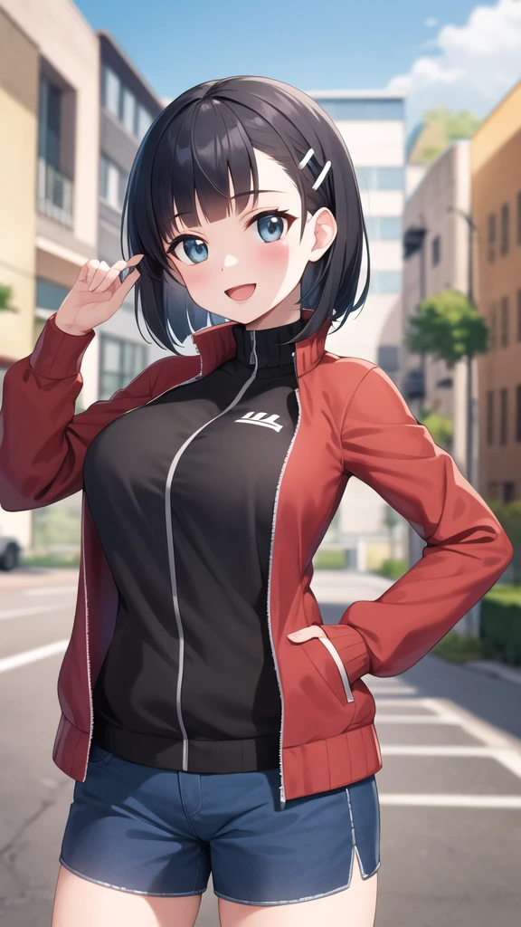 masterpiece, best quality, highres, aasugu, short hair, hairclip, large breasts, track jacket, red jacket, black shirt, blue shorts, hand on hip, smile, open mouth, outdoors