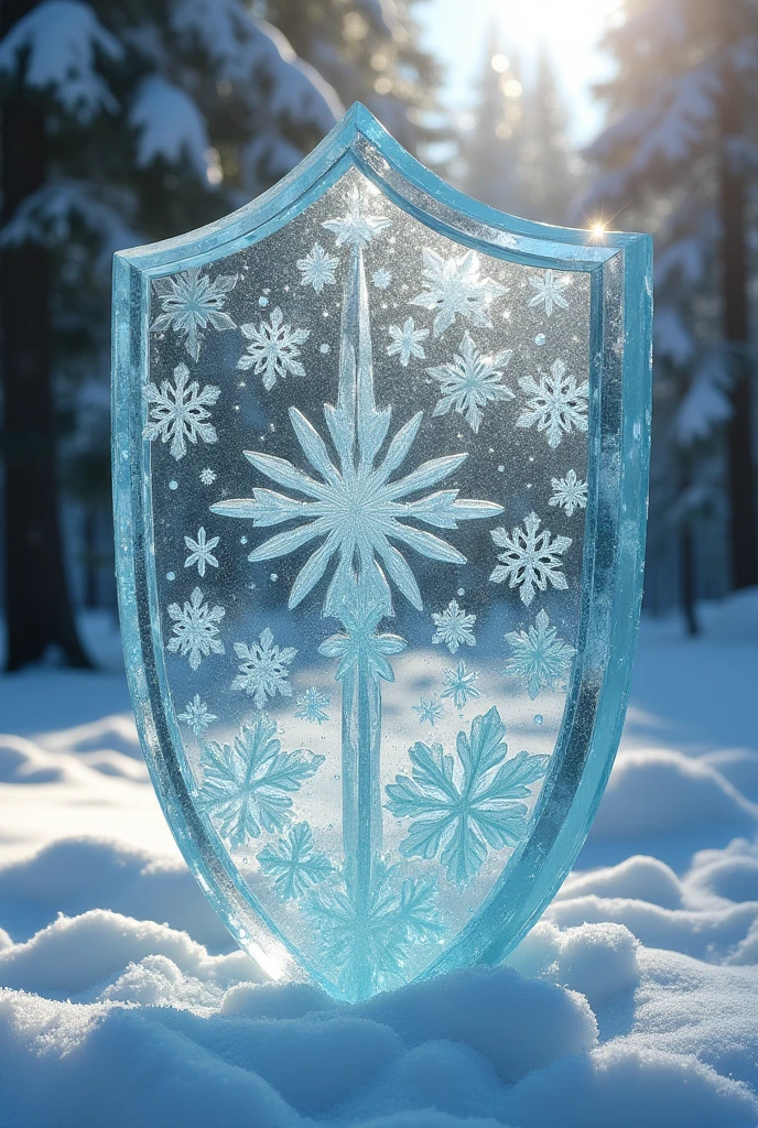 A medieval shield made of ice, this shield should look like a glass screen, but being composed of ice and tiny snowflakes, just like a glass shield.