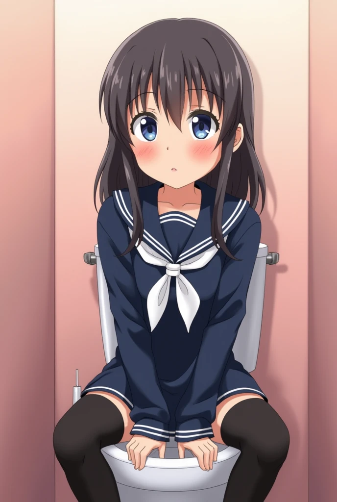 A Japanese second-year junior high school student wearing a navy blue sailor uniform has a baby face and a neat appearance. Her hair is long and untrimmed. The ribbon on her sailor uniform is white. She is sitting on the toilet with her black tights and panties removed to her knees. Her face is red and she is looking at me shyly. She is in a private room in the girls' restroom. The walls of the girls' restroom are a light pink.