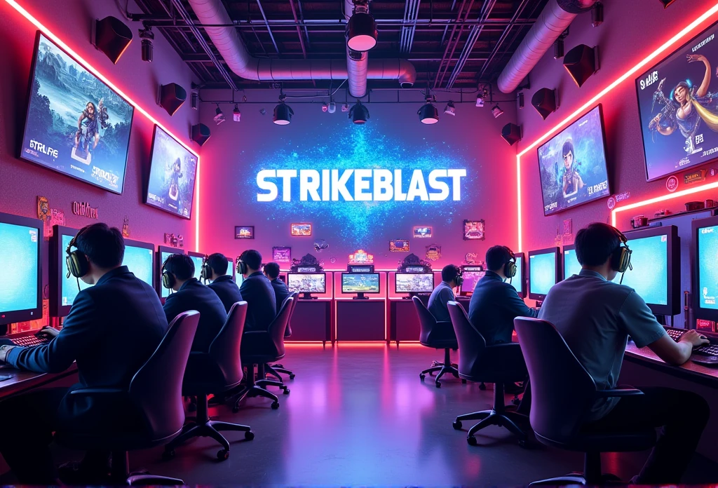 Create an image that has StrikeBlast written on it in the gamer zone background