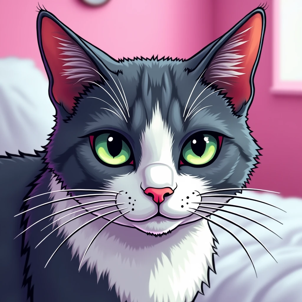 Black shadow of a gray and white cat's face very close up cartoon style, Vice City GTA, on a white bed