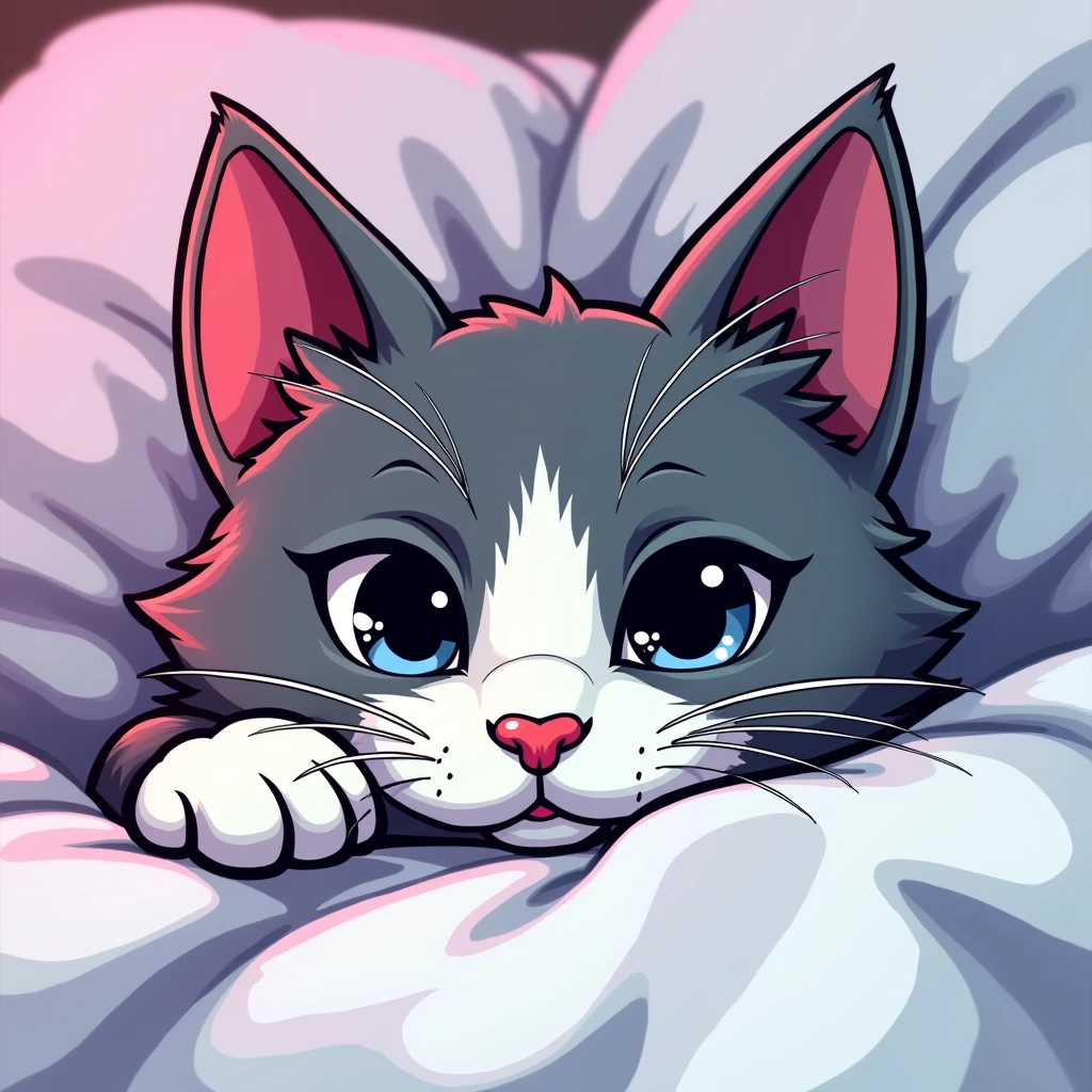 Black shadow of a gray and white cat's face very close up cartoon style, Vice City GTA, on a white bed