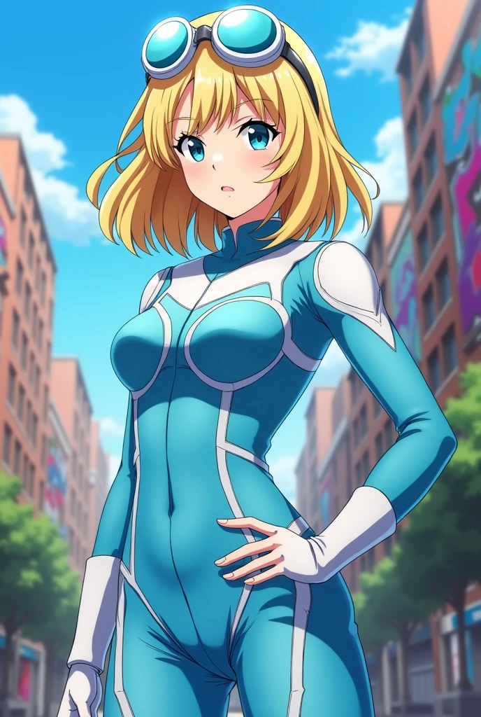 (perfect eyes), character focus, (perfect face), 1girl, solo, from front, looking at viewer, light smile, (detailed eyes), (beautiful) detailed,beautiful detailed eyes, nime style, illustration, perfect face, sidelighting, lustrous skin,(bloom), (shine), lighting, ray tracing, 
milinda brantini, (blue eyes), small breasts, blonde hair, short hair, microwaist, thick thighs, wide hips,
bodysuit, pouch, 
[from above], perfect slick hd hq, face details, solo, beautiful 1girl, detailed skin, light particles, sunbeam, wide angle, (colorful),
<lora:MilindaBrantini:0.8>
