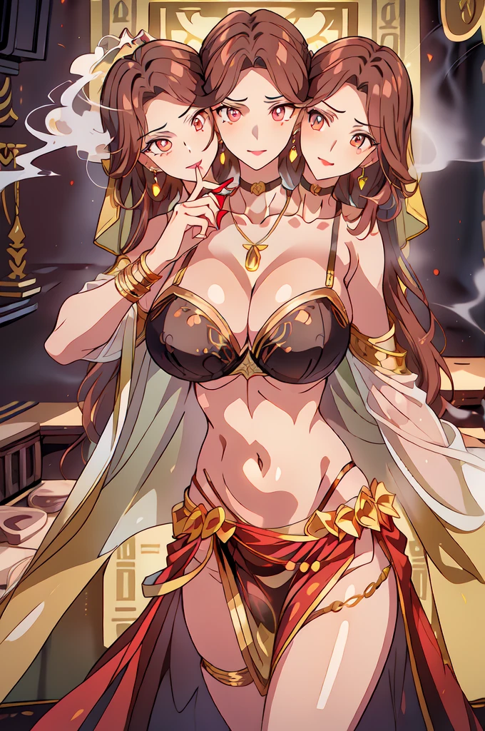 smoking a cigarette
,holding a cigarette,
jewelry,midriff,gem,earrings,necklace, (3heads:1.5), very huge breasts, open belly, (very, beautiful eyes:1.5), (very detailed eyes:1.5), three headed girl,
brown_hair,brown_eyes,Very_long_hair,lipstick,makeup,red_lips,Hot girl, baddie, staring, glaring, bad attitude, mean girl, dare, angry, hate, crazy, smoking, sensual, attractive,
1 girl, 20yo,mature female,Beautiful Finger,Beautiful long legs,Beautiful body,Beautiful Nose,Beautiful character design, perfect eyes, perfect face,
jewelry, earrings, masterpiece, best quality, highly detailed ,glint,halterneck,gold_choker, complex detailed background,
inside, stone wall, ancient interior, ancient egyptian room, hieroglyphs, dark lighting, dark
atmosphere, (cowboy shot), holding a sword, sword, belly_chain,harem_outfit,navel, necklace,
pelvic_curtain,revealing_clothes, veil,masterpiece,best quality,1girl,mature,evil smile, smile,
female,mature,necklace,pendant, (nsfw) not safe for work, exposed belly, exposed navel, exposed
midriff, exposed lower belly, navel piercing