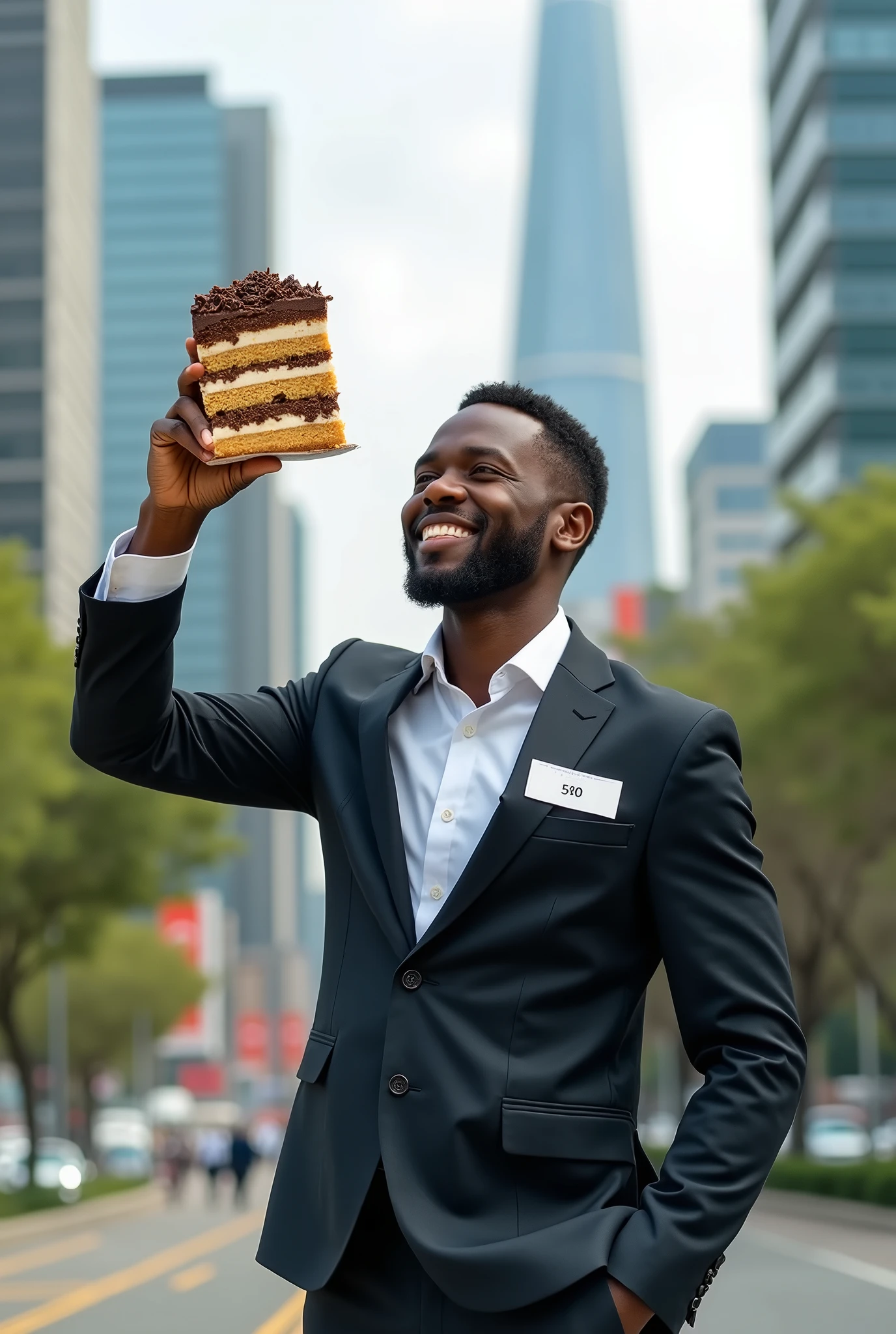 Create an illustration of a 24-year-old black man in a suit with a name tag printed on his chest saying customer relationship manager holding a fork with a piece of cake that looks like a piece of dirt written 50 by 100 outside the gate of a city called Konza City Technopolis.and make sure it&#39;s a quarter cake that looks like a piece of dirt on the fork 