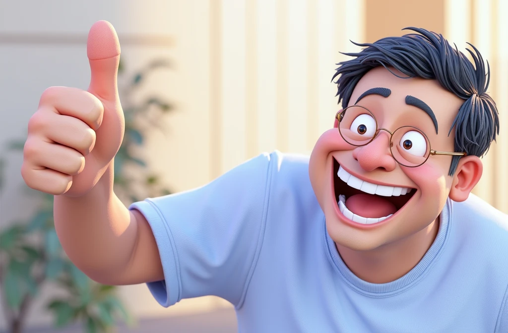 Cartoon character of a man blue shirt, age 45, an animated character, stylized character, animation style rendering, 3d stylized, A smiling man in a light blue short-sleeve shirt gives a thumbs-up gesture with his right hand. He has short, dark hair and appears to be in a casual outdoor setting, with a blurred background of warm, neutral tones. His expression conveys happiness and enthusiasm.