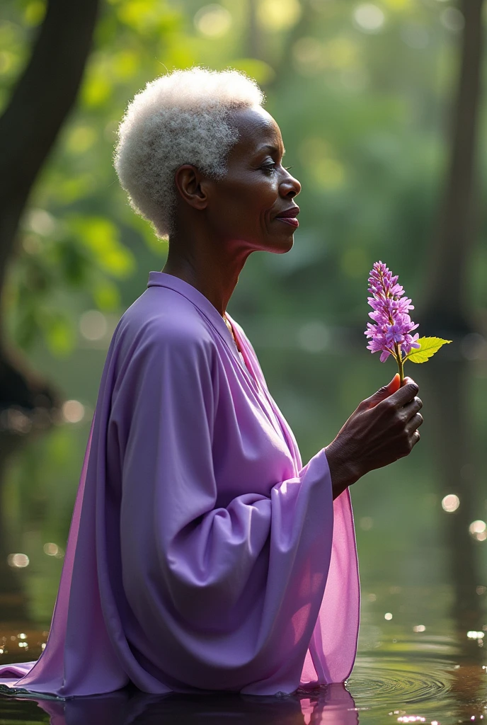 Elderly black woman orisha with short white hair wearing lilac holding a lilac flower in her hand in a swamp