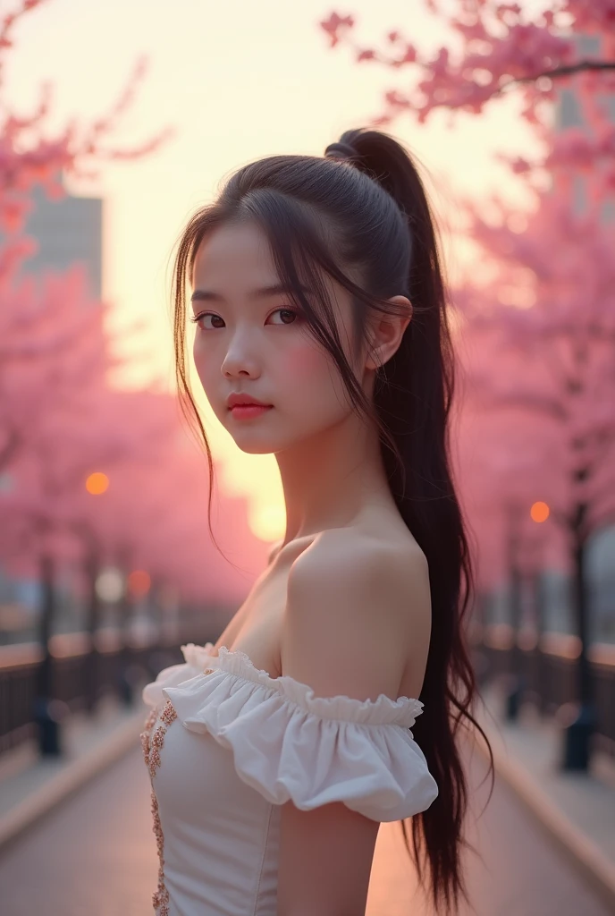 A beautiful Asian girl, 18years old, with black hair pony tail, no bang, white skin, thick lip, and  f cup bust.
