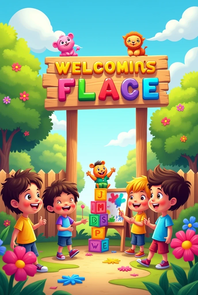 Cartoon of kids playing in number and letters welcome sign