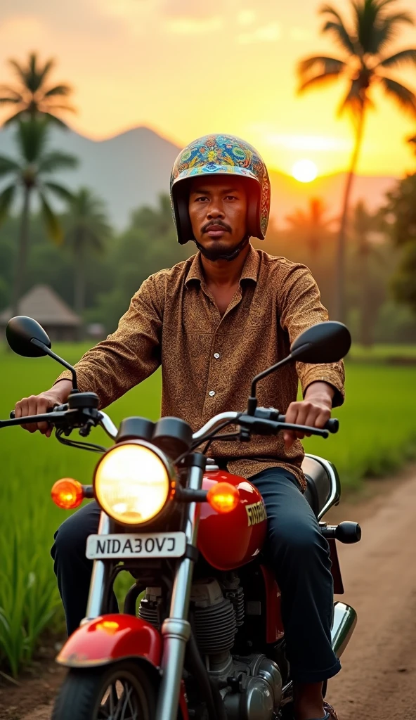 an Indonesian man riding a motorbike