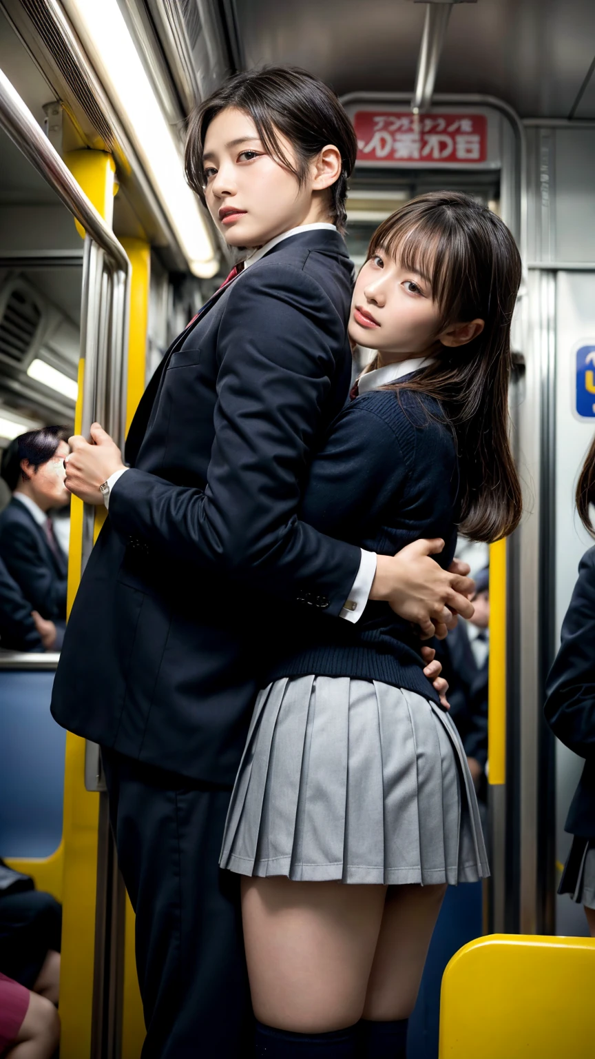 NSFW, crowded train, Japan , Handsome man hugging her from behind, Talking in her ear, lift her up, miniskirt twisted upwards, 40k, photograph, masterpiece, highest quality, dark gray background, ((Japan girls' high school uniform)), A man leans on her from behind、I held you up, Mr.々Hit the pose.