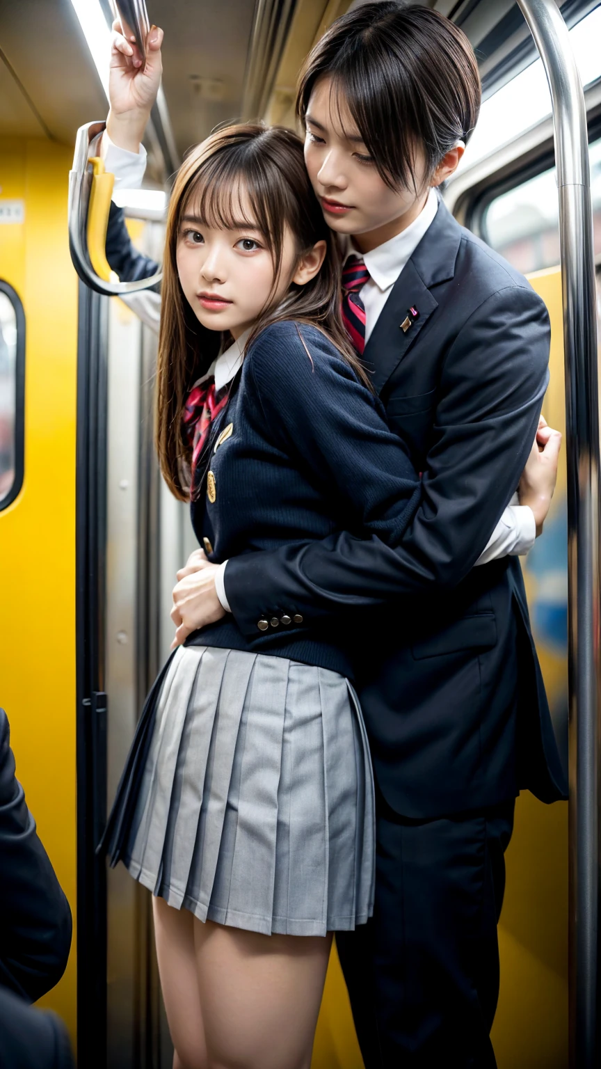 NSFW, crowded train, Japan , Handsome man hugging her from behind, Talking in her ear, lift her up, miniskirt twisted upwards, 40k, photograph, masterpiece, highest quality, dark gray background, ((Japan girls' high school uniform)), A man leans on her from behind、I held you up, Mr.々Hit the pose., large breasts