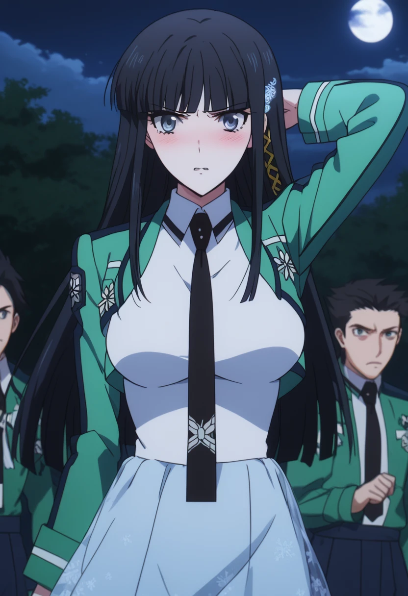 1girl, 独奏, masterpiece, best quality, 
mahouka koukou no rettousei, Miyuki Shiba, Shiba Miyuki, black eyes, Blue eyes, tsurime, eyelashes, black hair, long hair, Hime cut, straight hair, blunt bangs, blunt ends, sidelocks, hair ornament, snowflake hair ornament, first high school uniform, dress, white dress, collared dress, pencil dress, necktie, black necktie, short necktie, jacket, green jacket, cropped jacket, open jacket, long sleeves, large breasts,
,
looking at viewer,
blush, Angry expression, parted lips,
outdoors, Battlefield, right arm raised up,light rings  on right arm, jacket fluttering in the wind, night, moon, mist  from the ground