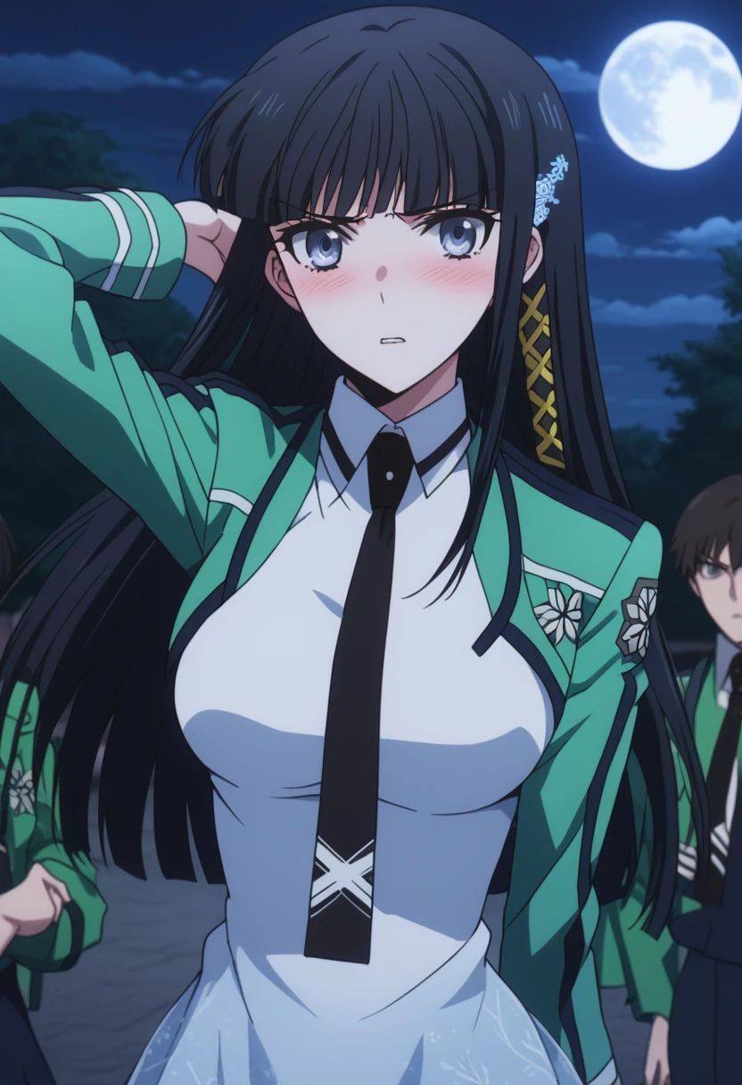 1girl, 独奏, masterpiece, best quality, 
mahouka koukou no rettousei, Miyuki Shiba, Shiba Miyuki, black eyes, Blue eyes, tsurime, eyelashes, black hair, long hair, Hime cut, straight hair, blunt bangs, blunt ends, sidelocks, hair ornament, snowflake hair ornament, first high school uniform, dress, white dress, collared dress, pencil dress, necktie, black necktie, short necktie, jacket, green jacket, cropped jacket, open jacket, long sleeves, large breasts,
,
looking at viewer,
blush, Angry expression, parted lips,
outdoors, Battlefield, right arm raised up,light rings  on right arm, jacket fluttering in the wind, night, moon, mist  from the ground