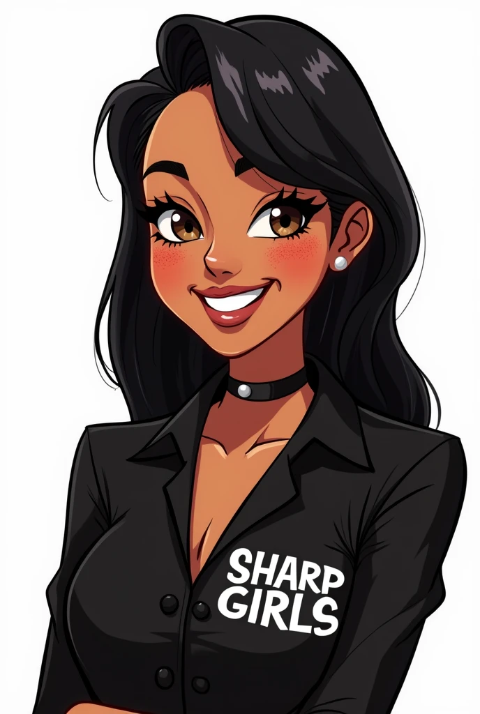 Cartoon of a woman with straight black hair below the shoulder, face with freckles, brown balios, black blouse with the small name SHARP GIRLS on the shirt on the side of the chest, image background all white