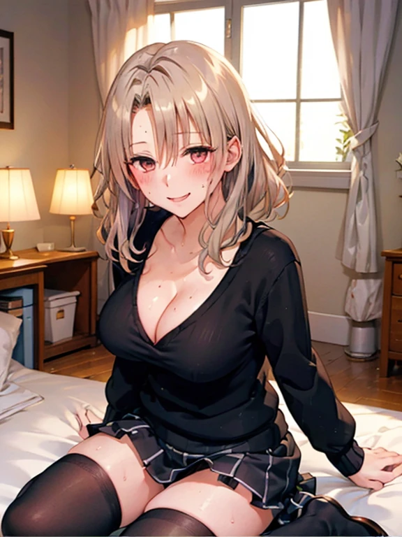 ((Highest quality)), ((masterpiece)), (detailed), One person,Age 25,(Black knit sweater),(mini skirt),Shoulder Bare,Big Breasts,blush,Underbust,(Her cleavage is visible),(Excited expression),(Seduce),night,indoor,Remains,nightのRemains,Dim lighting,(In a dimly lit room),(In a messy room),Browsing Caution,sexy,dirty,Sweat,(Black knee-high socks),