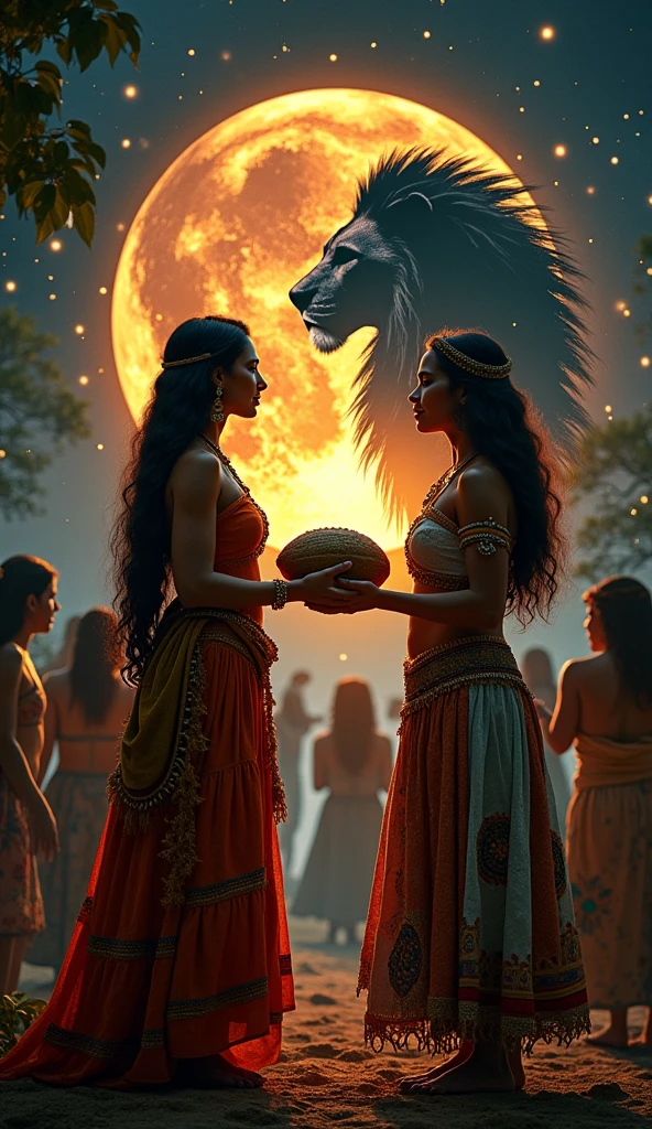 two ultra realistic mayan women with their backs to a portal with a majestic golden lion on the portal inside a black moon in the open sky,  convey depth. Golden lights come out of the hearts of these women, one holds a bronze bowl and the other a large cocoa fruit over a ritual fire, They are sitting.. in the background women dancing. the cocoa fruit appears in the lion&#39;s mouth