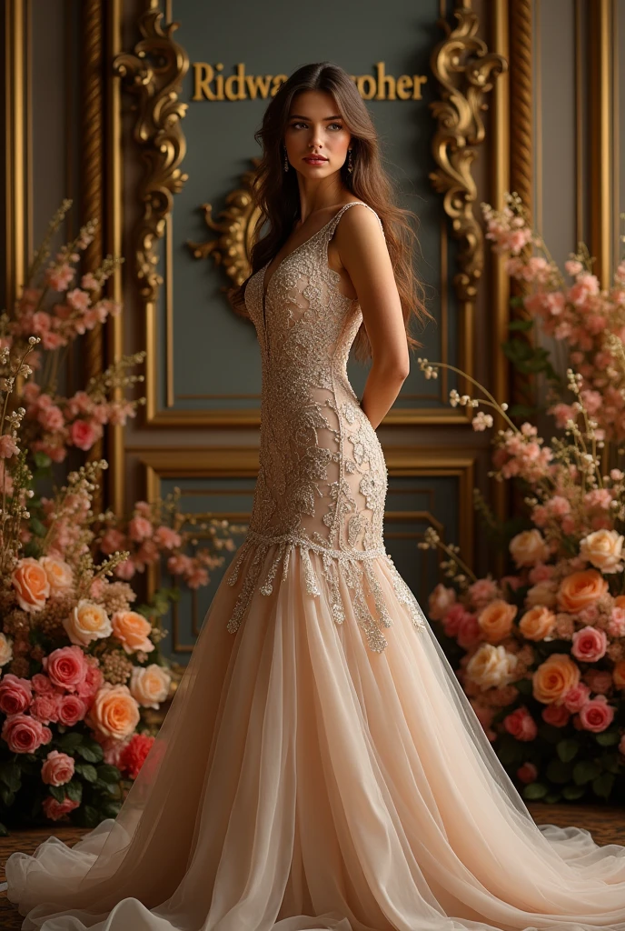 Beautiful woman photo studio concept like a royal queen.
The room is full of beautiful flowers and there is a sign with the name Ridwangrapher