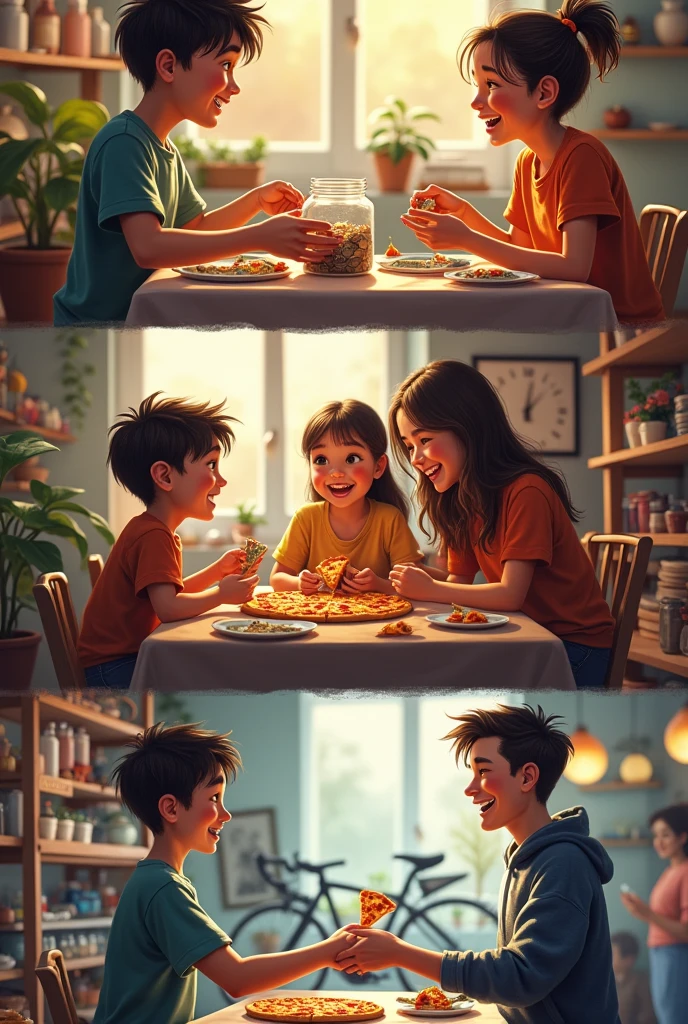 Scene of a student checking his savings jar with a smile and his sister on the side celebrating his effort Scene of the student with his mother and sister celebrating with a pizza Scene of a student in a bike shop looking at the one he wants to buy Scene of a young man paying for his bike in the shop All on one sheet horizontally in 4 colorless vignettes
