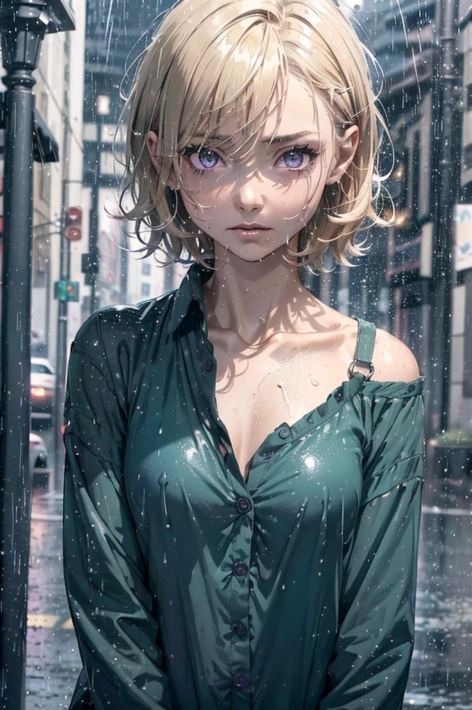 ((Nighttime, very dark image, very little light)), ((gorgeous purple eyes)), Very short hair, ((Highly detailed, extreme detail, amazing art)), raining, heavy rain, dark, midnight, 1girl, soaking wet drenched, wearing nothing but a pyjama shirt, shirt caramel-blonde hair, depressed, soaking wet hair, hair sticking to her face, heavy rain, thunderstorm, teal pyjama top, naked, petit chest, very short hair, buttoned up pyjama top, bare legs, no underwear, very dark night time, black sky, the only source of light is a single amber street light, no light, dark background, miserable, sad, crying, buttoned pyjama shirt, 