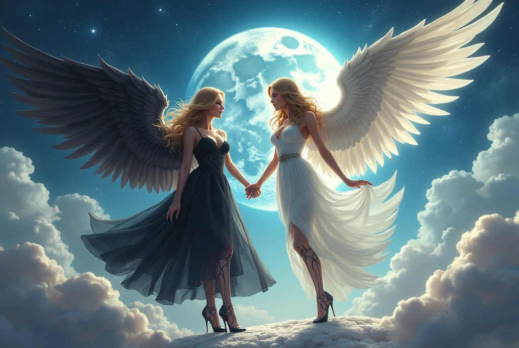 (highest quality, masterpiece, High resolution), 16K, fantasy art, RPG art a picture of (((2 women))), BREAK a (1female angel: 1.3) , wearing intricate dress glam dress, ((black dress: 1.3)) pale skin, best details beautiful face , (blond: 1.2) hair, long hair wavy hair (blue: 1.1) eyes, high heeled boots, large angelic wings, (white: 1.2) angelic wings spread BREAK ((AND)) a (1female skeleton: 1.3), (red: 1.4) skin, demonic wings, (black: 1.1) demonic wings spread, demonic horns, (red: 1.1) skin, black hair, red eyes, best details beautiful face, wearing a intricate dress glam dress, ((white dress: 1.3)), high heels, in the border between heaven and hell, moon, stars, clouds, god rays, soft natural light silhouette, dynamic angle, photorealism, panoramic view (Masterpiece 1.3, intense details) , Wide-Angle, Ultra-Wide