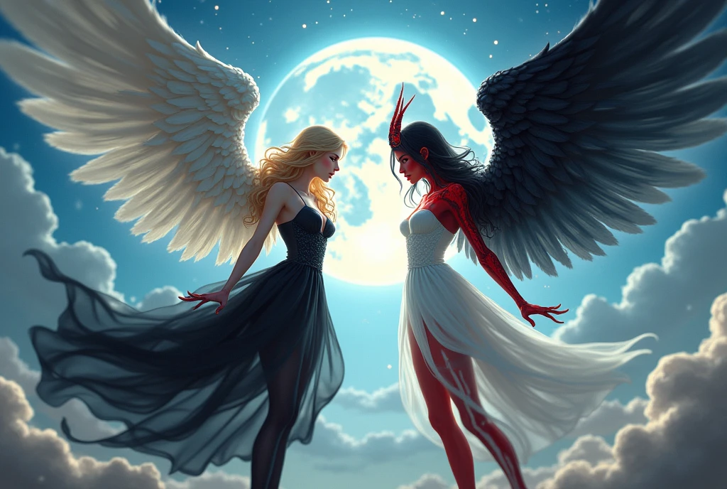 (highest quality, masterpiece, High resolution), 16K, fantasy art, RPG art a picture of (((2 women))), BREAK a (1female angel: 1.3) , wearing intricate dress glam dress, ((black dress: 1.3)) pale skin, best details beautiful face , (blond: 1.2) hair, long hair wavy hair (blue: 1.1) eyes, high heeled boots, large angelic wings, (white: 1.2) angelic wings spread BREAK ((AND)) a (1female skeleton: 1.3), (red: 1.4) skin, demonic wings, (black: 1.1) demonic wings spread, demonic horns, (red: 1.1) skin, black hair, red eyes, best details beautiful face, wearing a intricate dress glam dress, ((white dress: 1.3)), high heels, in the border between heaven and hell, moon, stars, clouds, god rays, soft natural light silhouette, dynamic angle, photorealism, panoramic view (Masterpiece 1.3, intense details) , Wide-Angle, Ultra-Wide