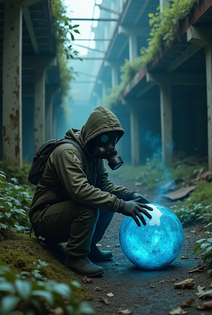 Make a loner with a gas mask looking a artifact from stalker anomaly, out a abandoned construction