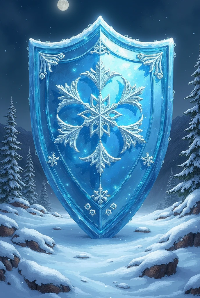 A medieval shield made of ice, this shield should look like a glass screen, but being composed of ice and tiny snowflakes, just like a glass shield, do it in Japanese Manga style.