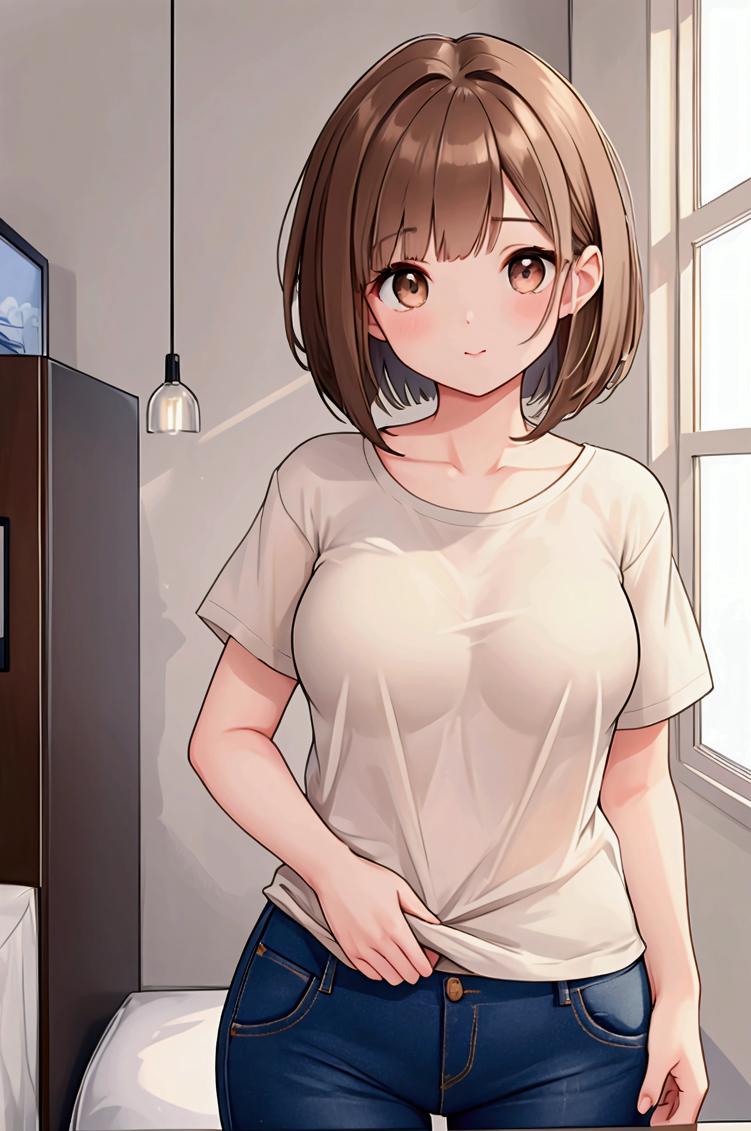 Photorealistic、Highest quality、Highest Resolution、Highest quality、16Ｋ、1 beautiful adult woman、Cute face、Delicate face、Bob cut hair、Ash brown hair color、Brown eyes、Delicate eyes、Beautiful Eyes、Beautiful breasts、Big Breasts、Simple T-shirt、skinny pants、Sexy、cool、