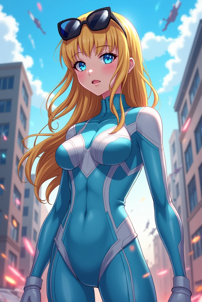 (Anime my hero academia) women, blonde with hair below the shoulder, not so long in layers, in a hero suit like Uraraka&#39;s but in pastel blue and without the helmet with white details and sunglasses like goggles on his head. light blue eyes, beautiful.LONGER HAIR 
